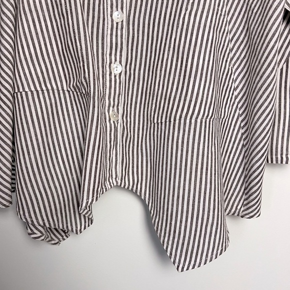 Tulip Lagenlook Shirt Brownish Gray Stripe Loose Asymmetrical Hem Button Down - Picture 6 of 14